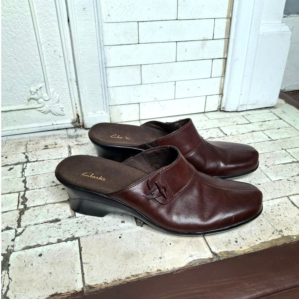 Clarks Brown Leather Toggle Wedge Clog Mules 78670 Women's 9W CasualAcademiaCore